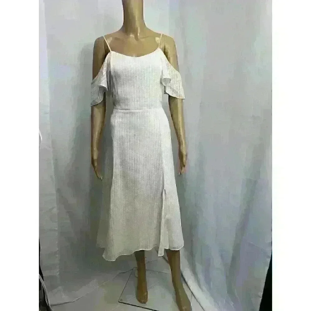 Halston Women's Cold Shoulder Midi‎ A-Line Dress Ivory Sz. 8 100% Cotton 163258